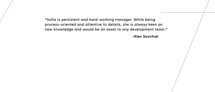 Sofia Zelenova testimonial from Alex Savchuk